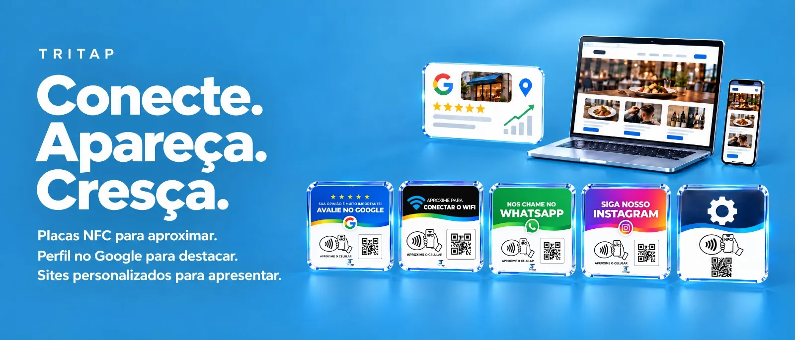 Placas NFC Tritap, perfil no Google e sites em notebook e celular